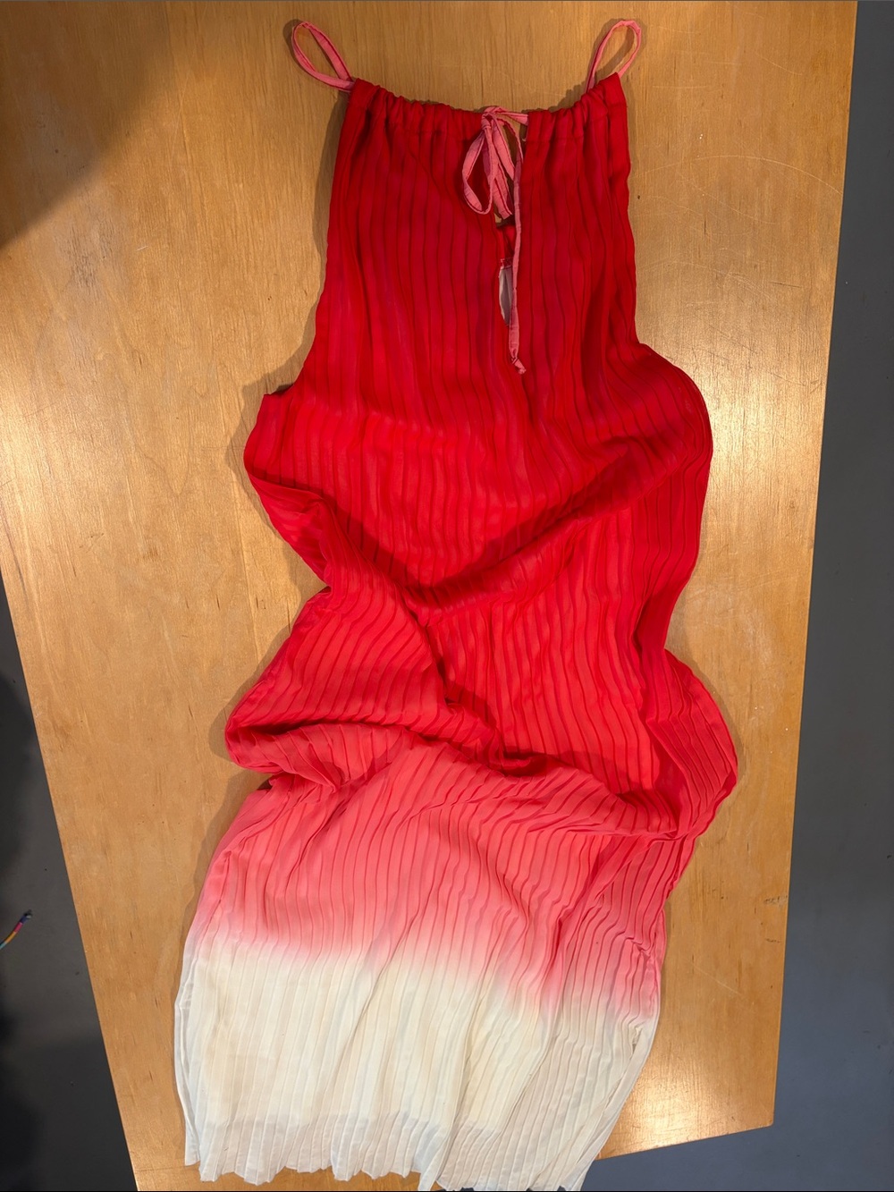 Vasna Desire ~ Vintage Coral Pink to White Ombre Pleated Maxi Dress